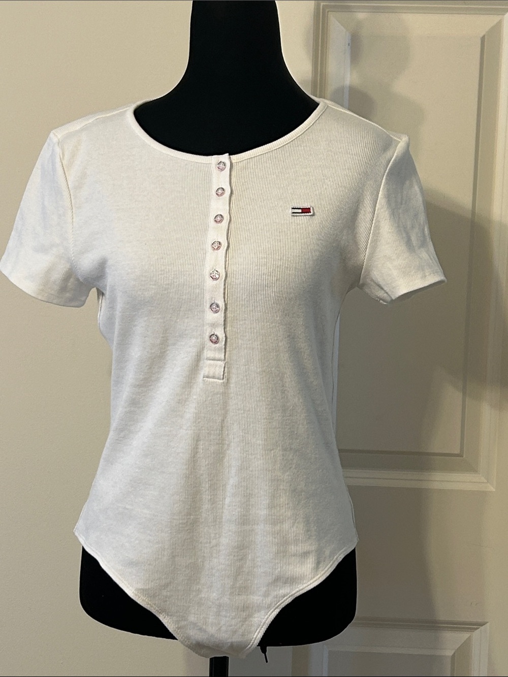 Tommy Hilfiger White Short-Sleeve Henley Bodysuit with Logo